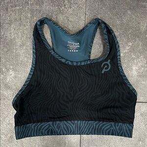 Peloton Zebra Pattern Black and Teal Sports Bra